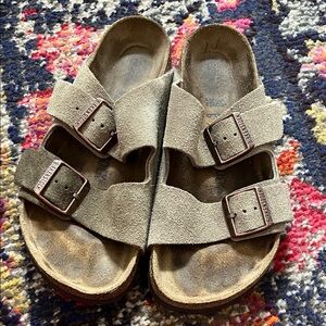Birkenstock Women’s Suede Two-Strap Sandals in Taupe Size 38